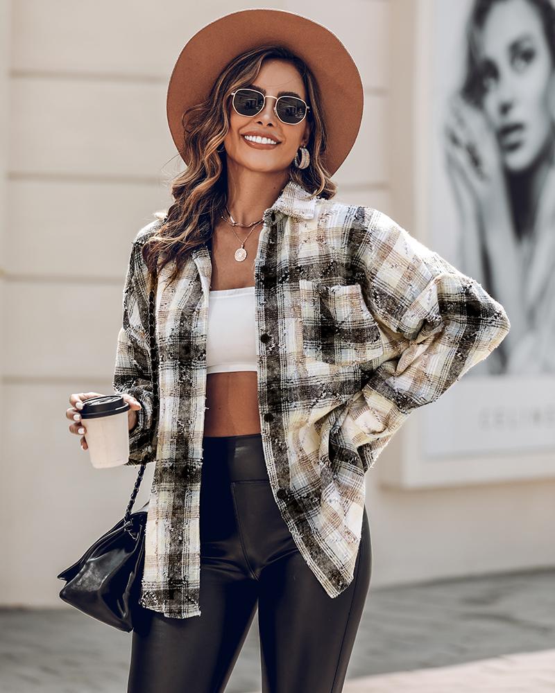 Plaid Pattern Long Sleeve Shacket Distressed Button Down Shirt