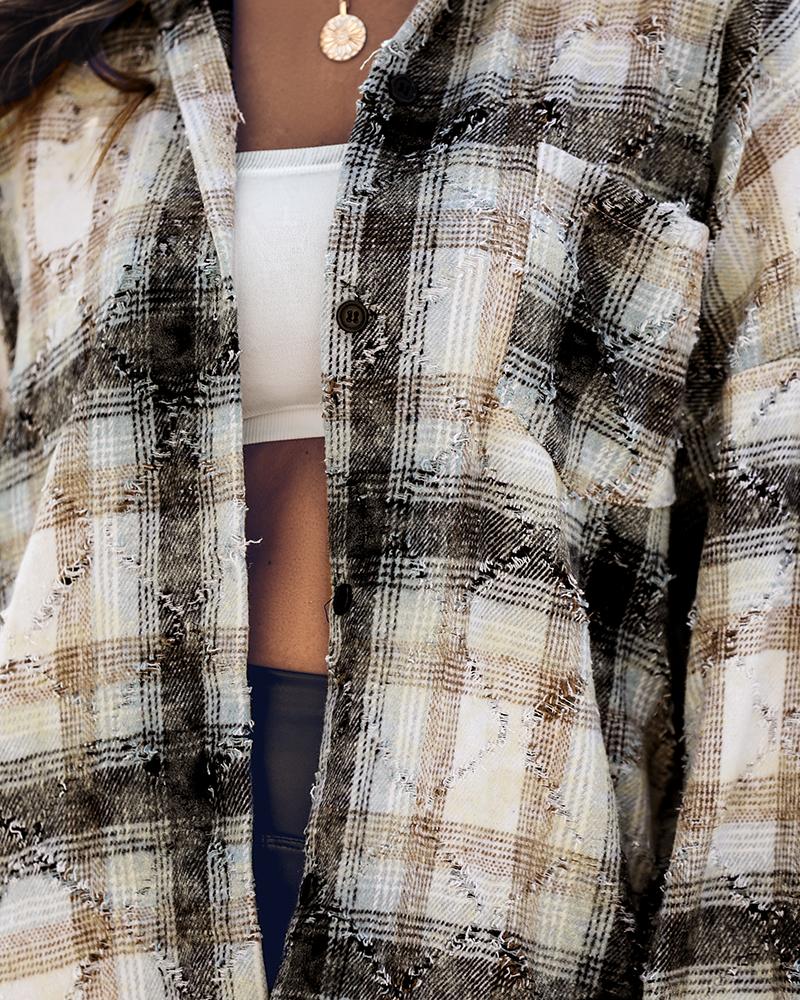 Plaid Pattern Long Sleeve Shacket Distressed Button Down Shirt