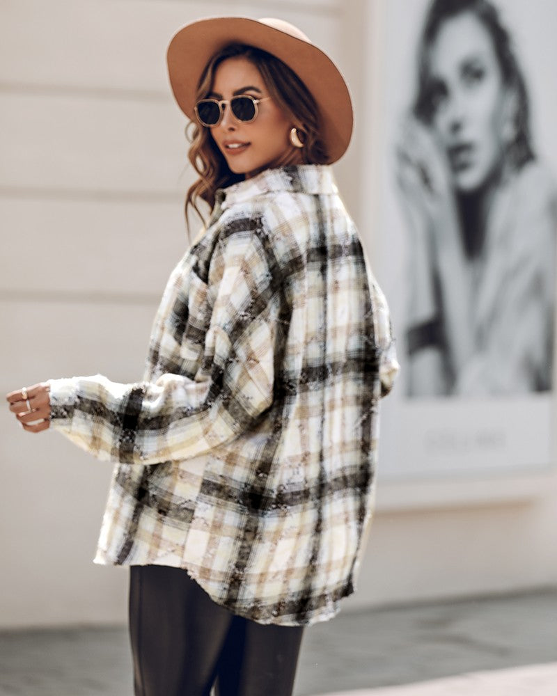 Plaid Pattern Long Sleeve Shacket Distressed Button Down Shirt