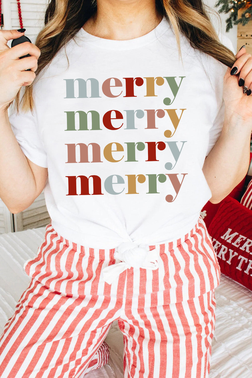 White Colorful merry Printed Crewneck Christmas T Shirt