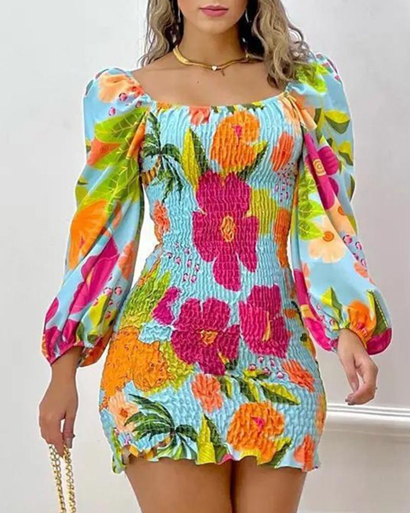 Tropical Print Puff Sleeve Shirred Dress