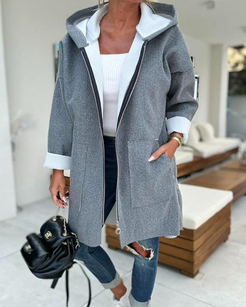 Hooded Pocket Design Zip Up Lined Longline Coat