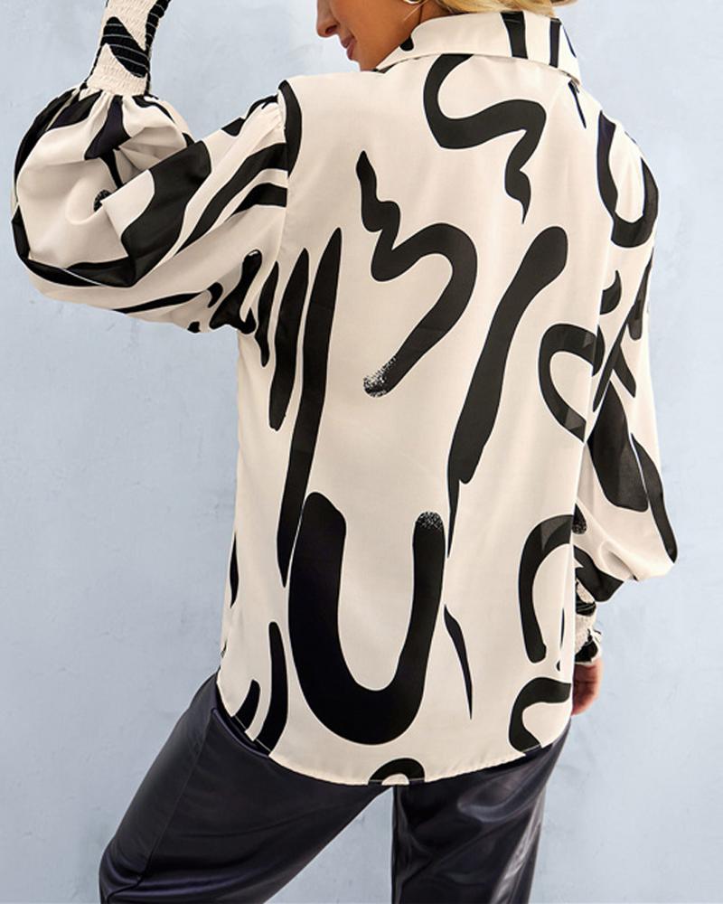 Allover Print Shirred Lantern Sleeve Shirt