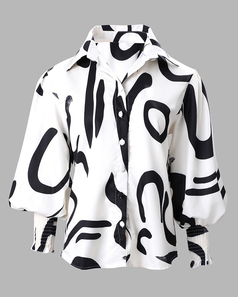 Allover Print Shirred Lantern Sleeve Shirt