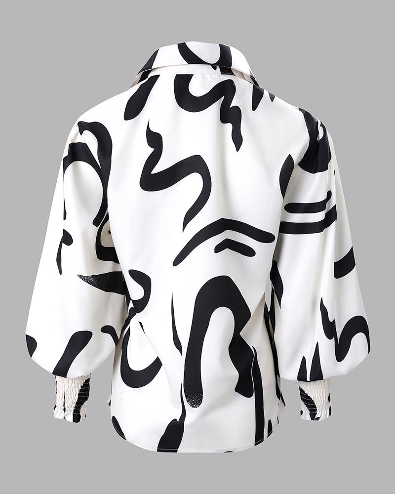 Allover Print Shirred Lantern Sleeve Shirt