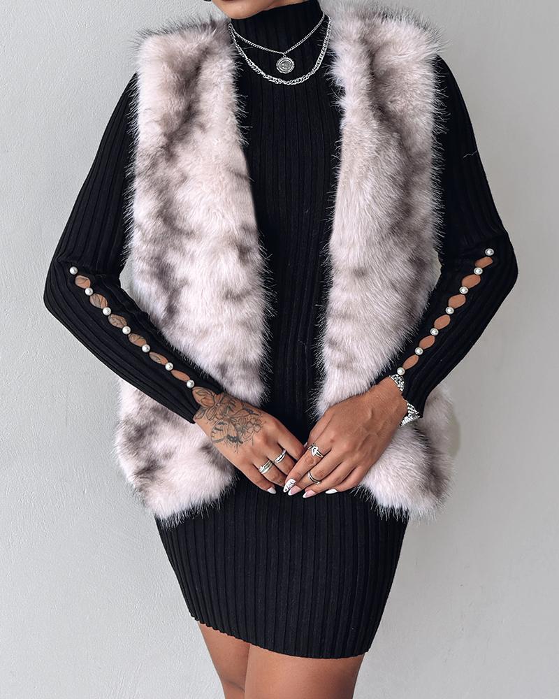 Tie Dye Pattern Open Front Fluffy Vest Coat