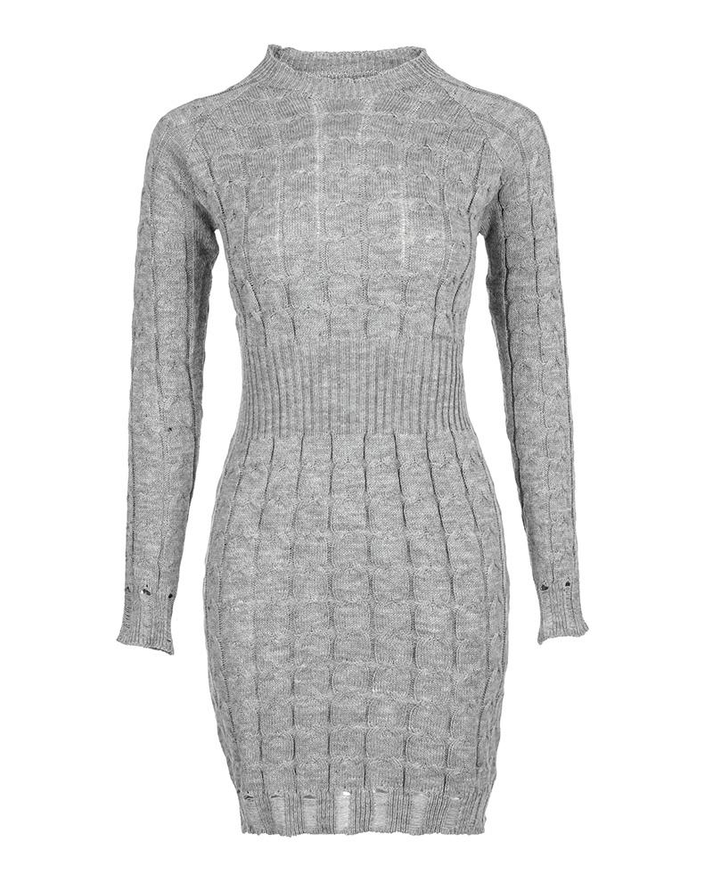 O Neck Long Sleeve Bodycon Braided Sweater Dress