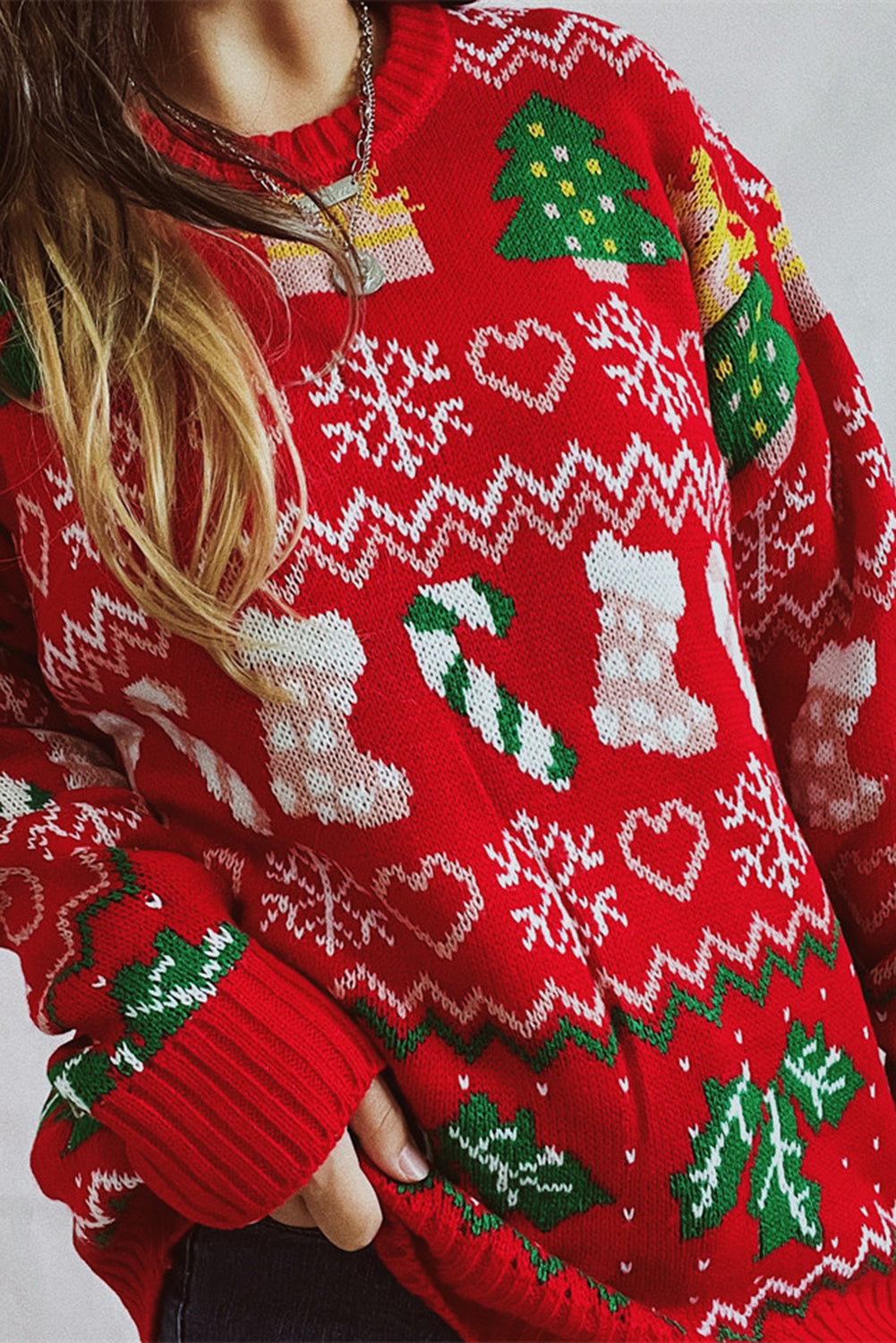 Fiery Red Christmas Pattern Drop Shoulder Knitted Sweater