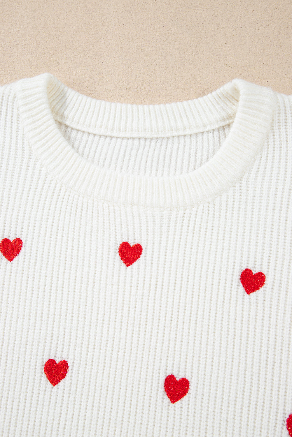 White Heart Shape Drop Shoulder Round Neck Sweater