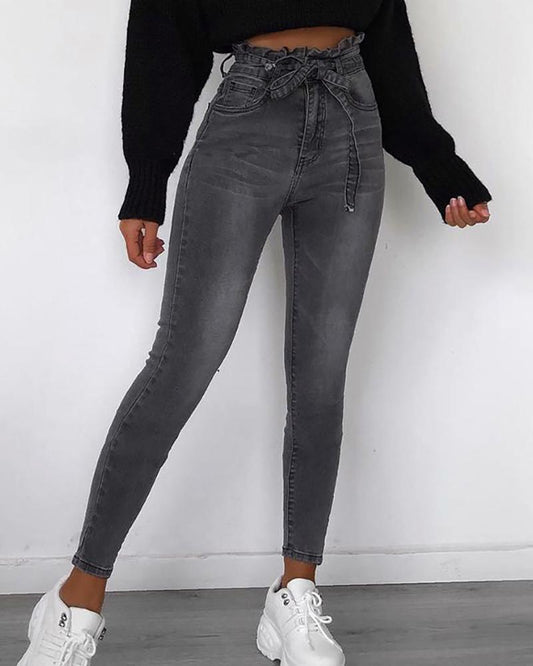 Solid Paperbag Waist Denim Pants