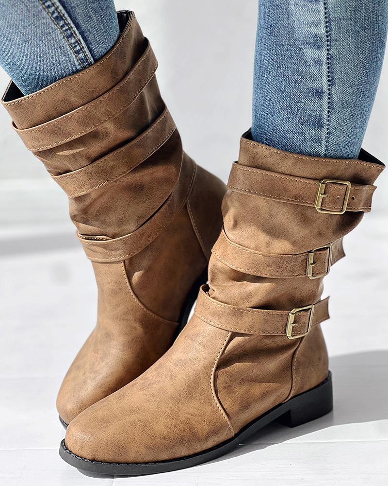 Buckled Vintage Chunky Heel Ankle Boots