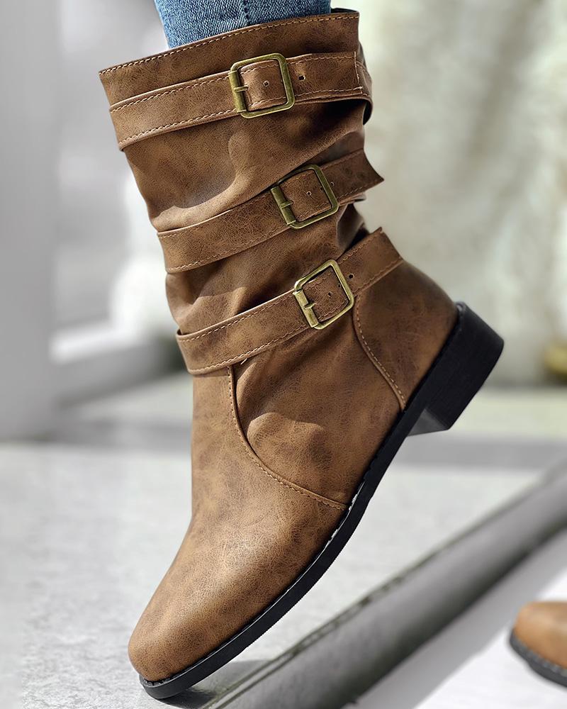 Buckled Vintage Chunky Heel Ankle Boots