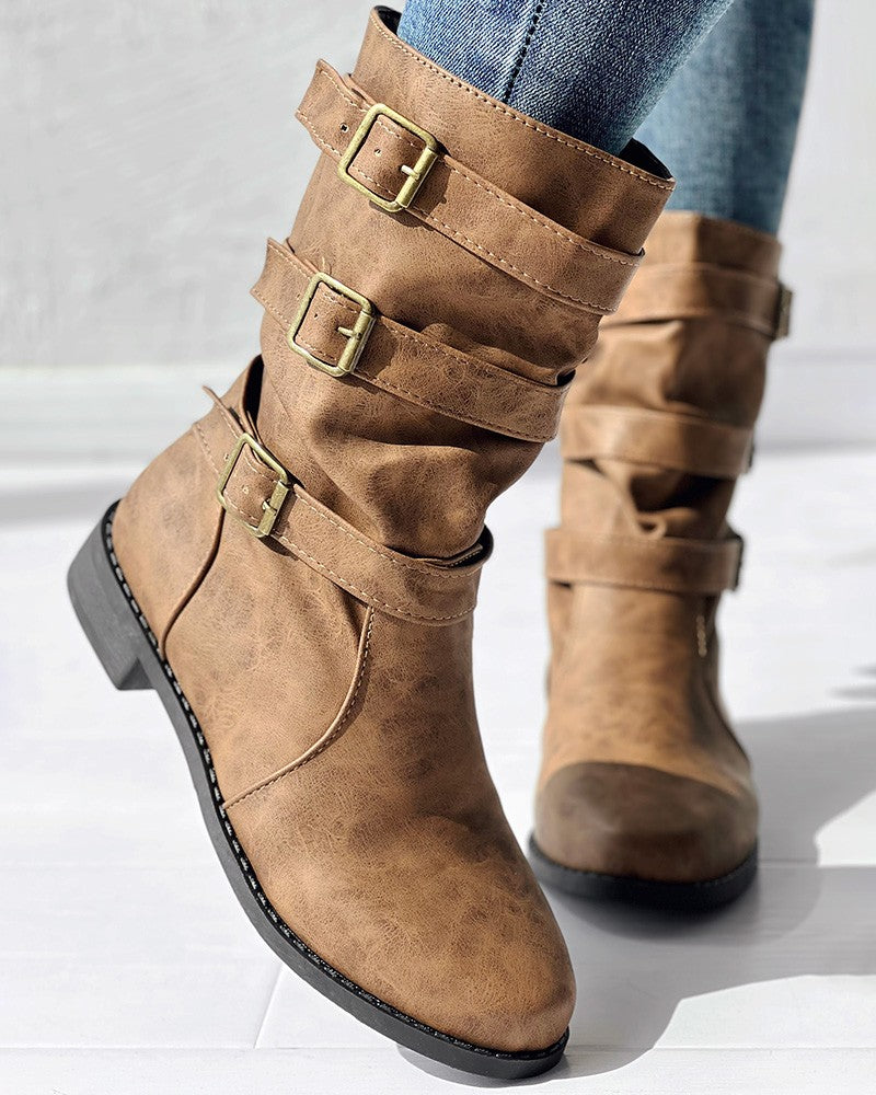 Buckled Vintage Chunky Heel Ankle Boots