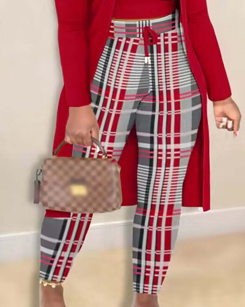 Plus Size 3PCS Cami Top & Plaid Print Pants Set With Coat