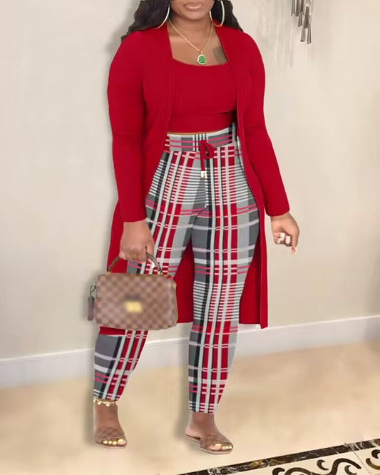 Plus Size 3PCS Cami Top & Plaid Print Pants Set With Coat