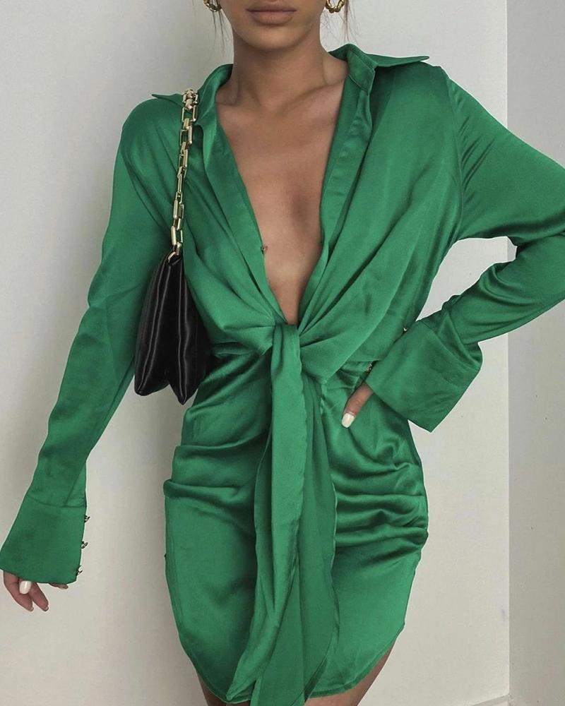 Solid Color Long Sleeve Tie Front Dress