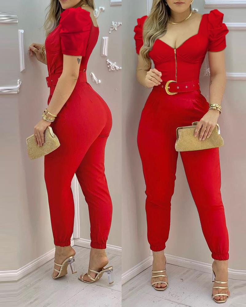 Zip Front Puff Sleeve Jumpsuit With Belt