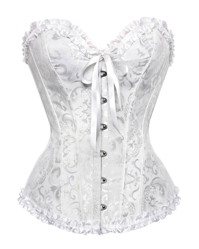 Baroque Pattern Tummy Control Overbust Boned Bustier Corset Eyelet Lace up Shapewear Top