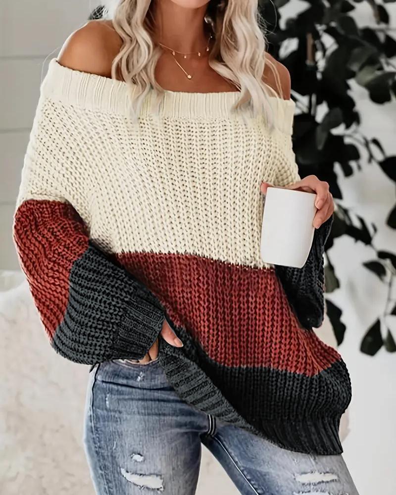 Colorblock Off Shoulder Long Sleeve Knit Sweater