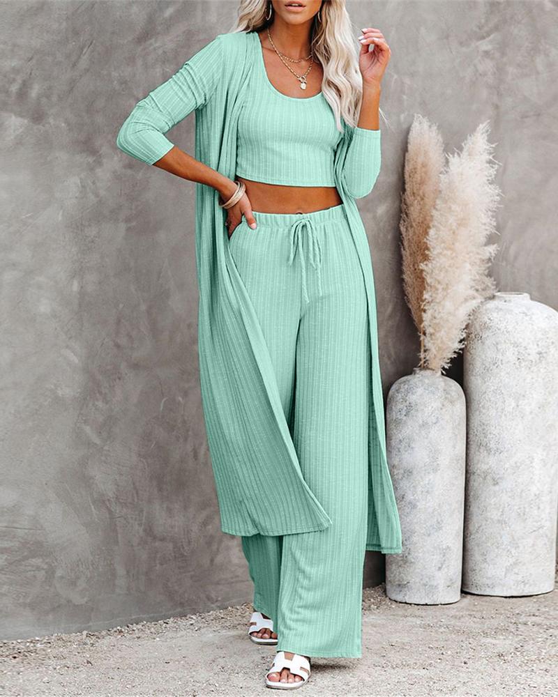 Crop Ribbed Tank Top & Drawstring Pants Set With Longline Coat