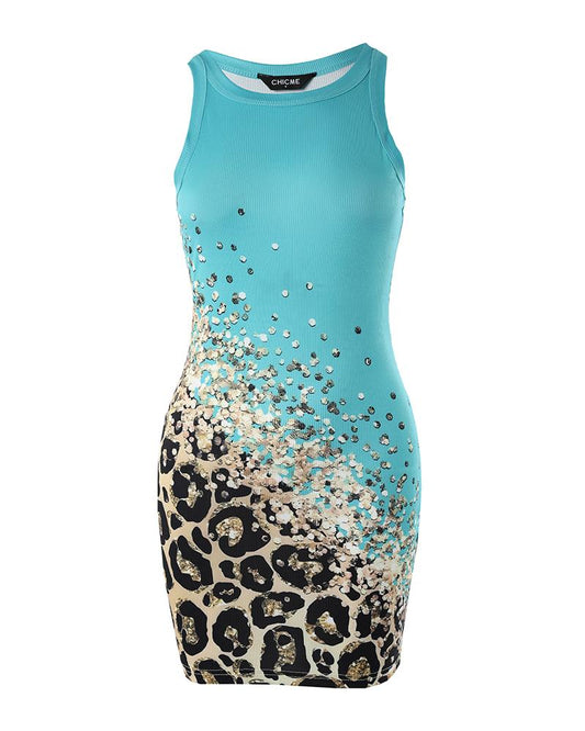 Contrast Leopard Print Sleeveless Ribbed Bodycon Dress