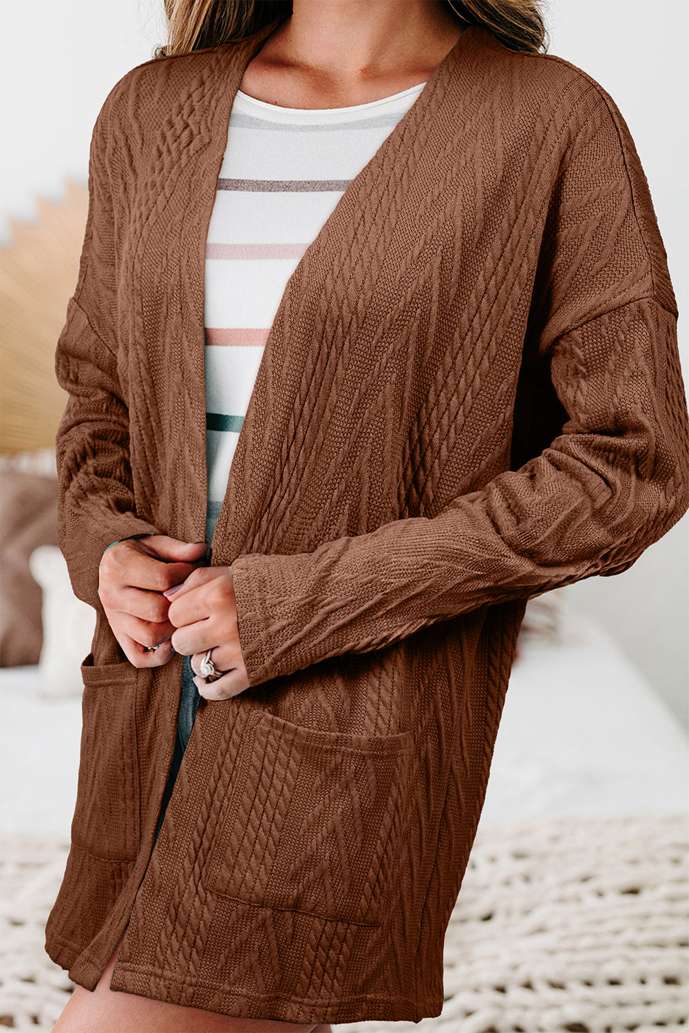 Canton  Solid Textured Open Front Cardigan with Pocket