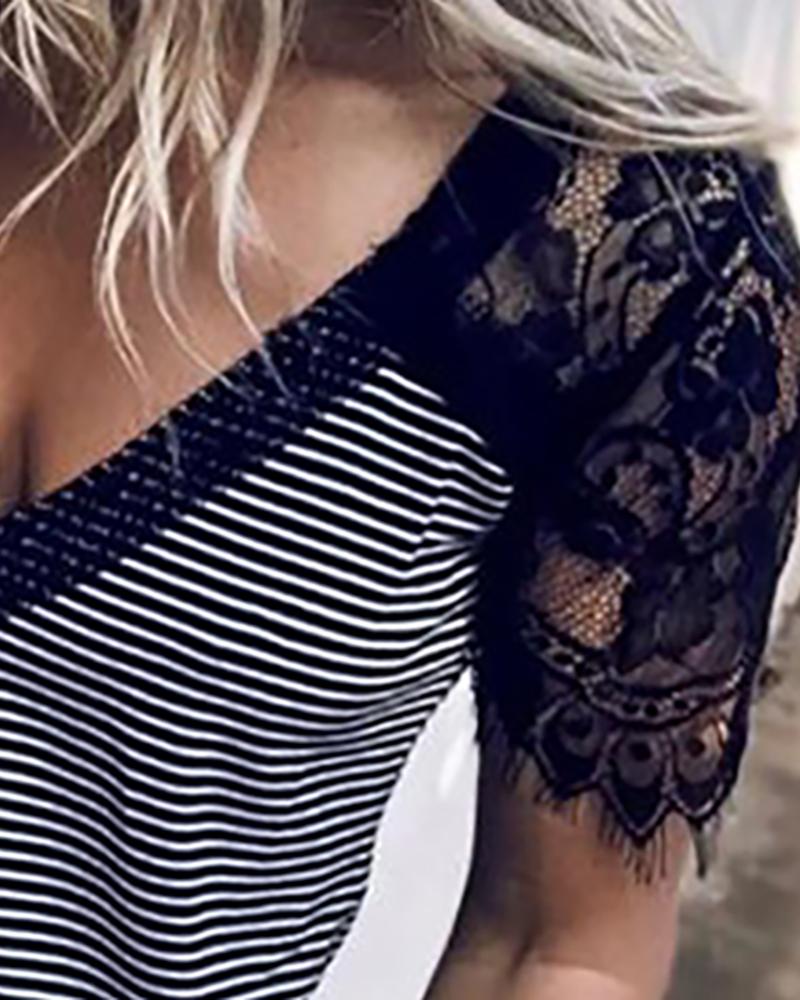 Eyelash Lace Striped Short Sleeve T shirt