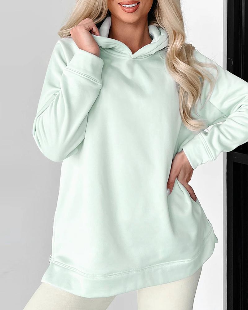 Zipper design Slit Long Sleeve Hoodie