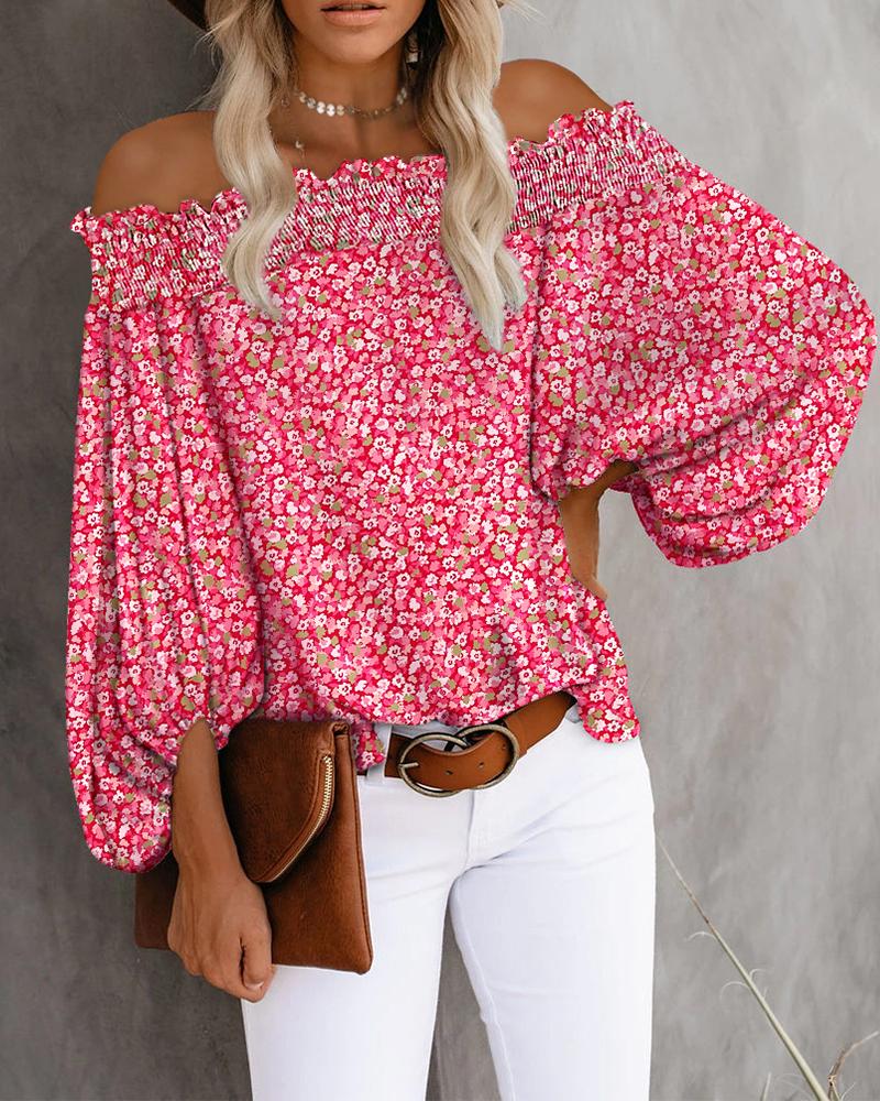 Pink Ditsy Floral Print Off Shoulder Shirred Top