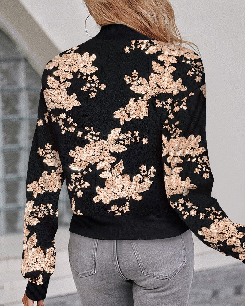 Floral Pattern Baseball Collar Long Sleeve Coat Contrast Sequin Zip Up Jacket