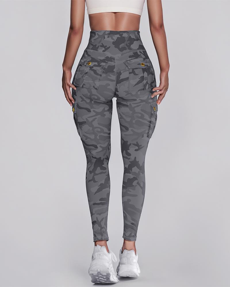 Camouflage Print High Waist Skinny Button Leggings with Pocket Casual Pants