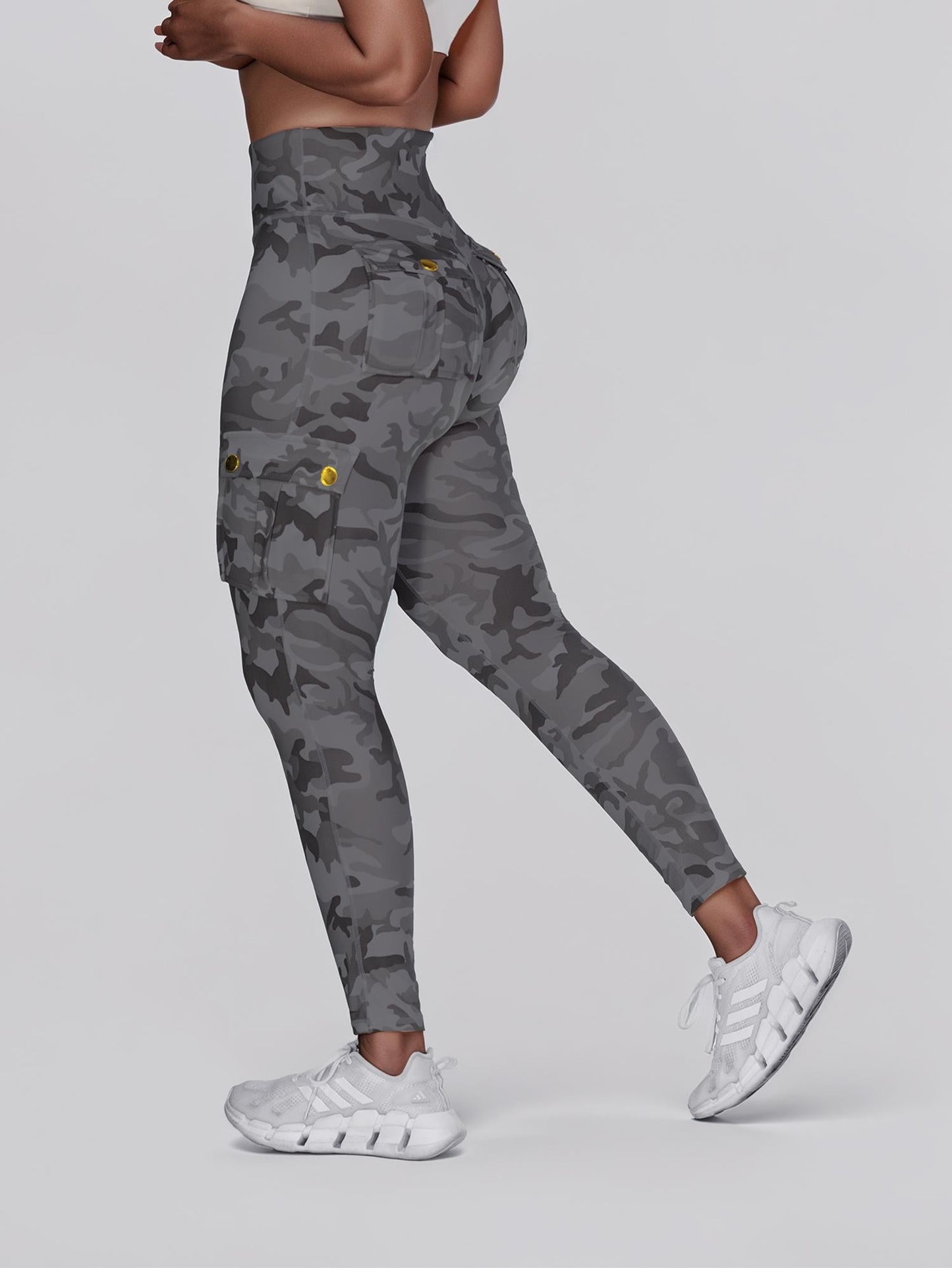 Camouflage Print High Waist Skinny Button Leggings with Pocket Casual Pants