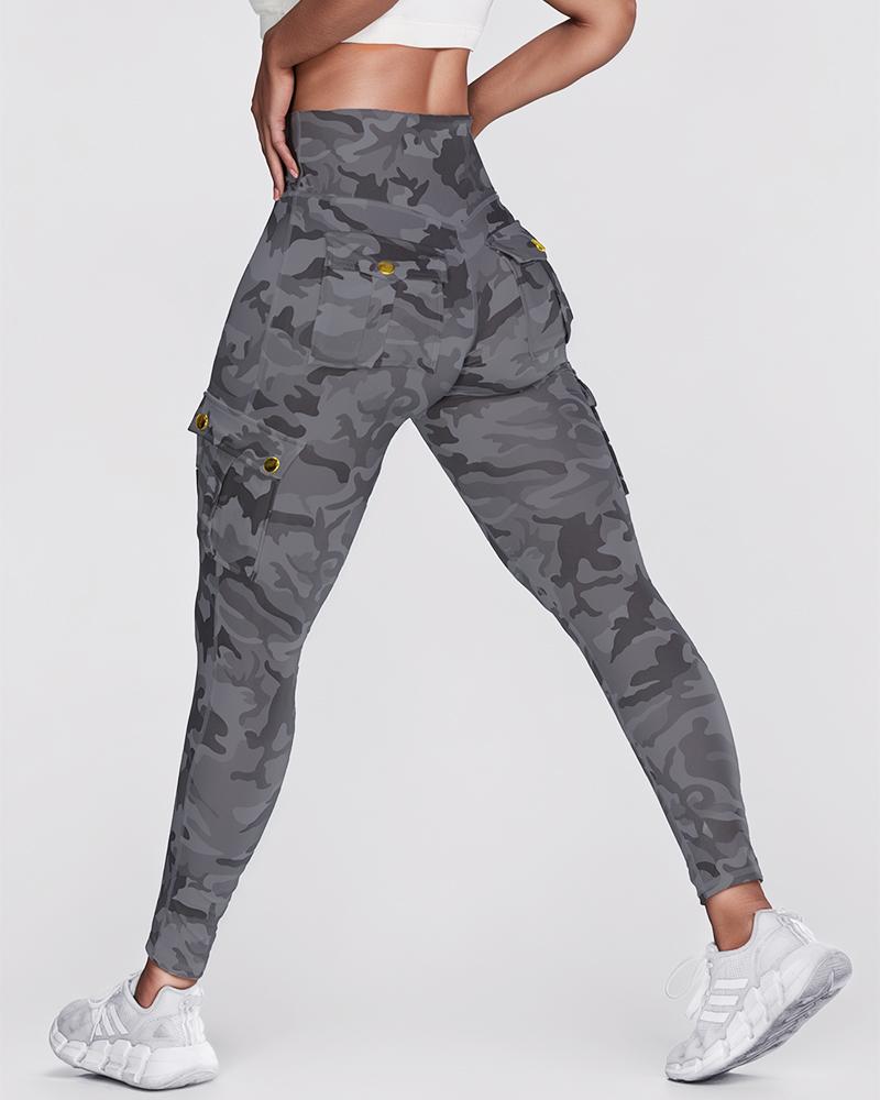 Camouflage Print High Waist Skinny Button Leggings with Pocket Casual Pants