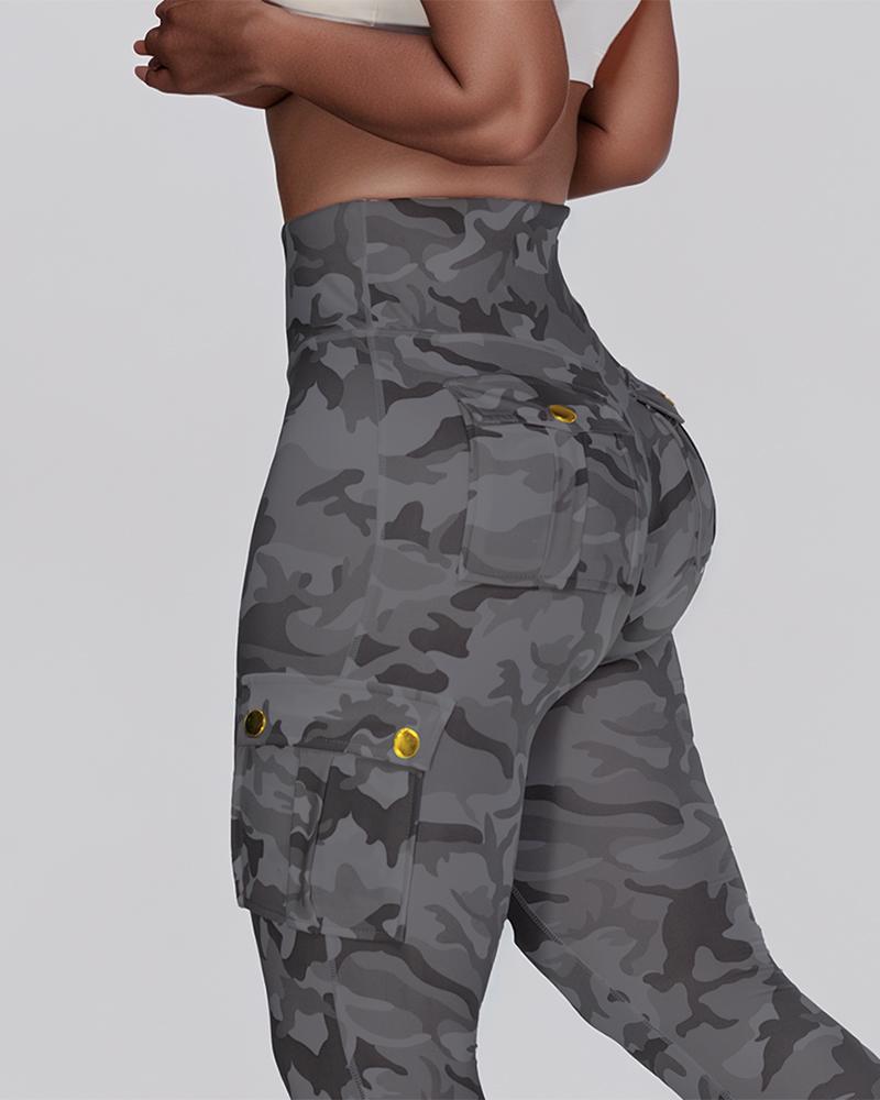 Camouflage Print High Waist Skinny Button Leggings with Pocket Casual Pants