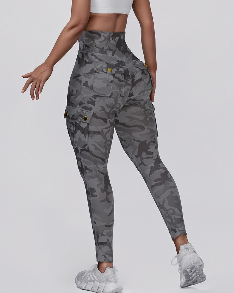 Camouflage Print High Waist Skinny Button Leggings with Pocket Casual Pants