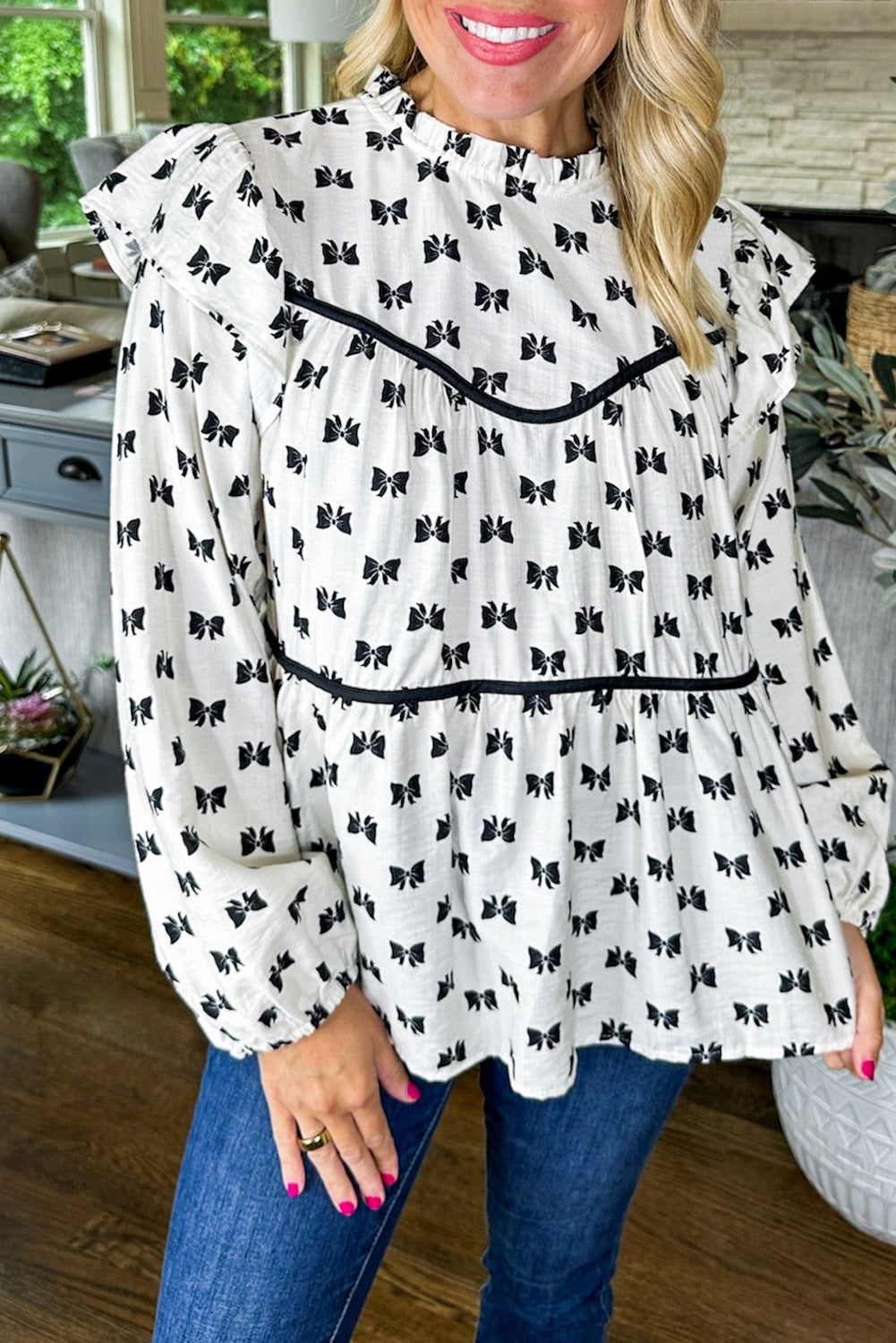 White Bow Knot Print Piping Trim Ruffled Crew Neck Blouse