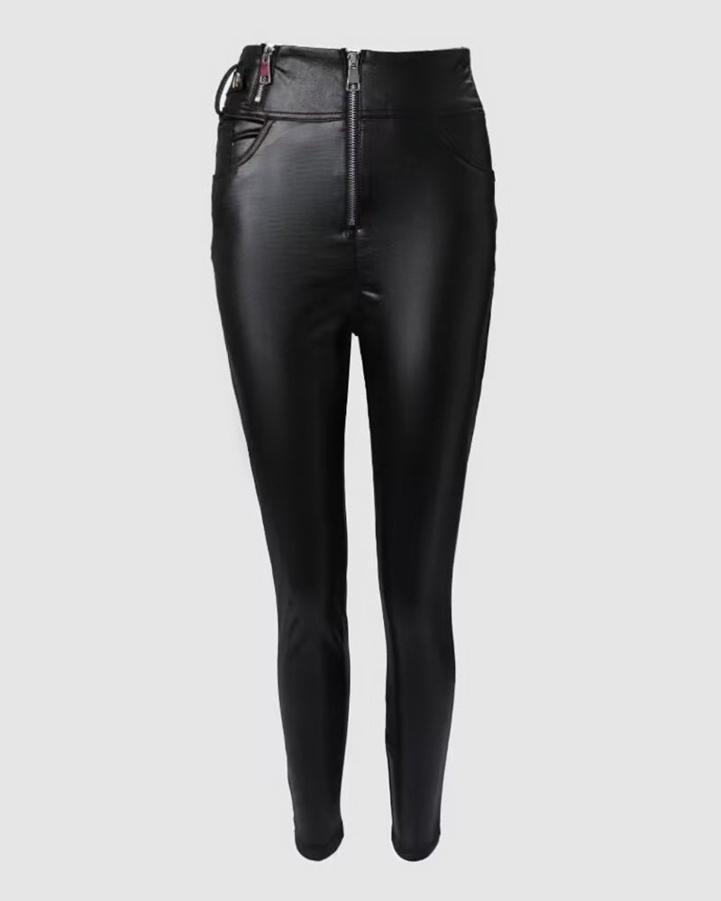 PU Leather Zip Fly High Waist Skinny Pants