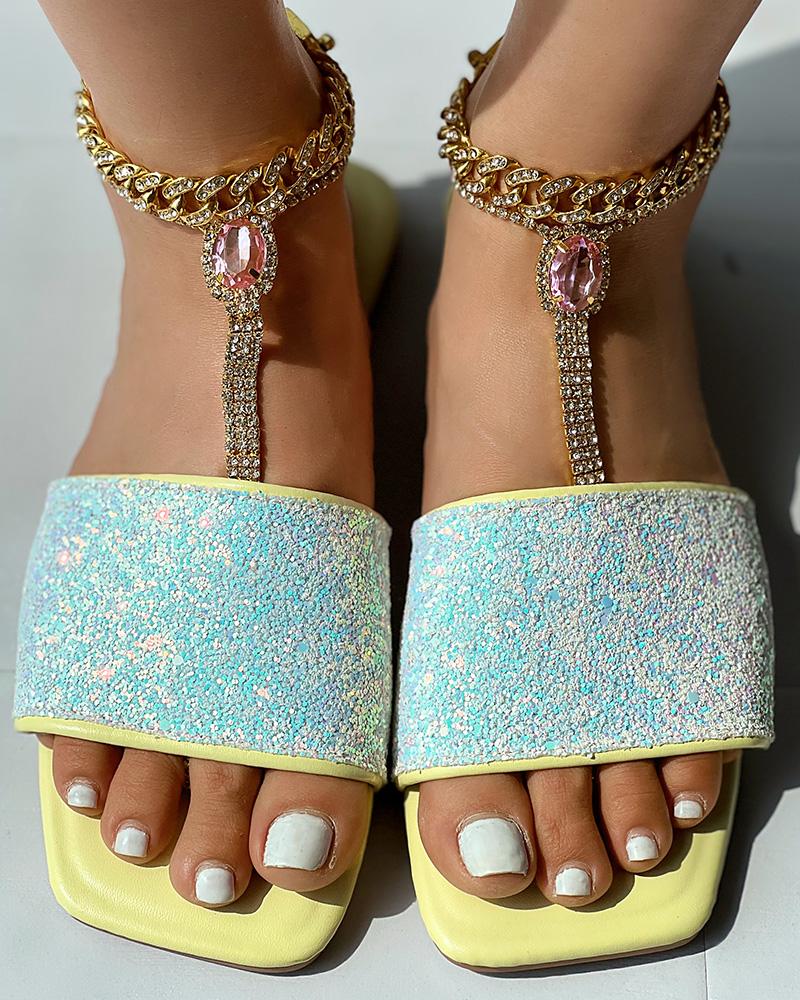 Glitter Wide Strap Square Toe Slippers