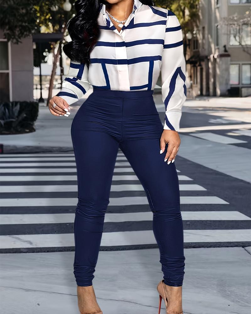 Plus Size Colorblock Buttoned Top & High Waist Pants Set