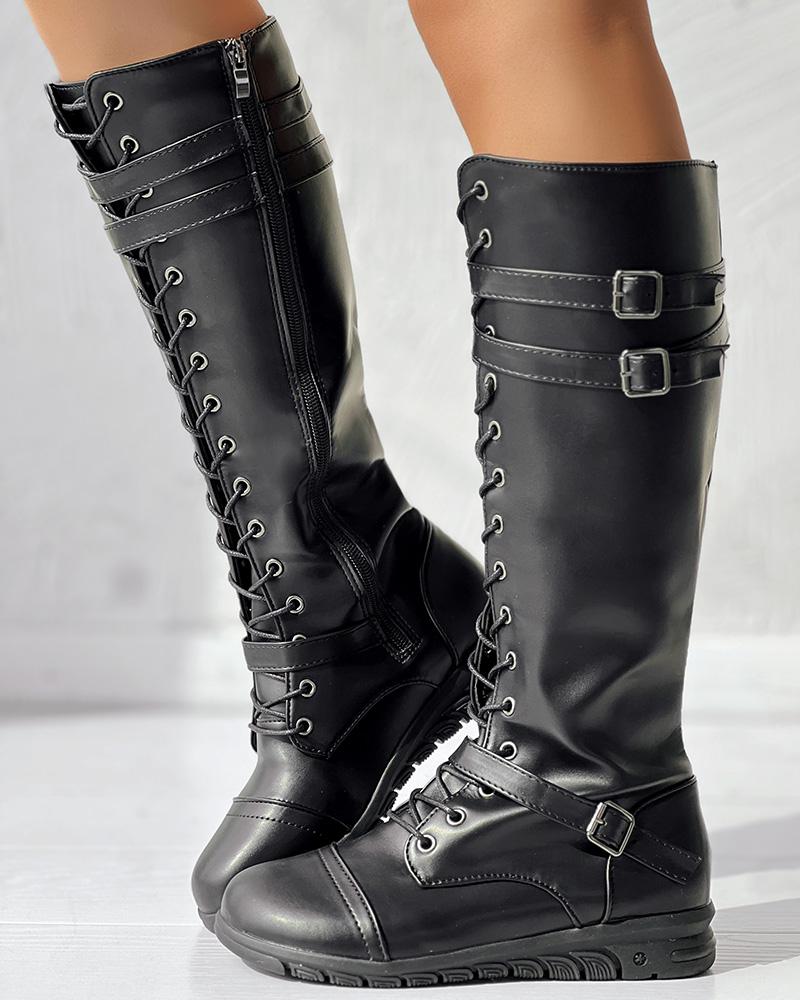 Lace up Buckled Zipper Design Boots