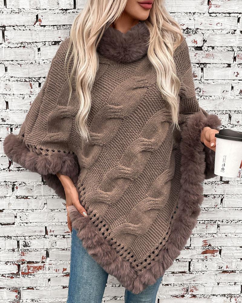 High Neck Cloak Sleeve Fuzzy Detail Asymmetrical Hem Knit Cape Sweater