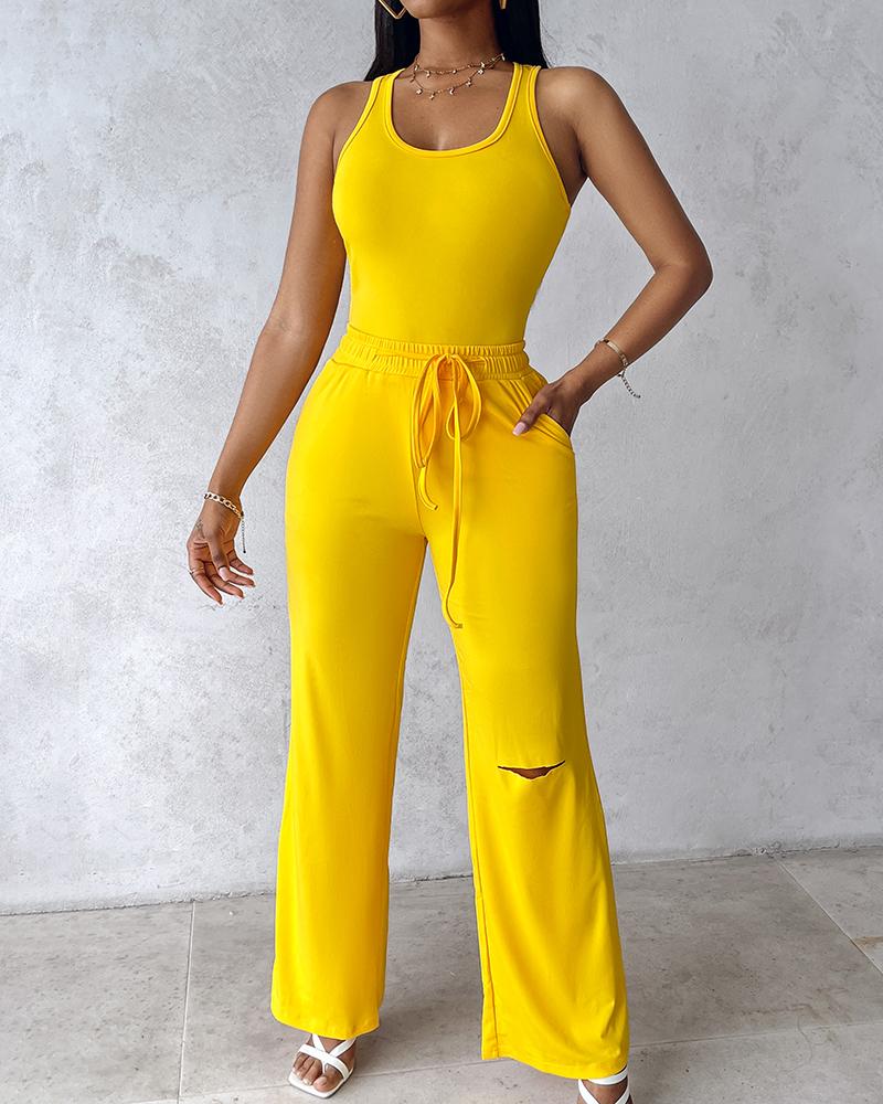 U Neck Bodysuit & Drawstring Cutout Wide Leg Pants Set