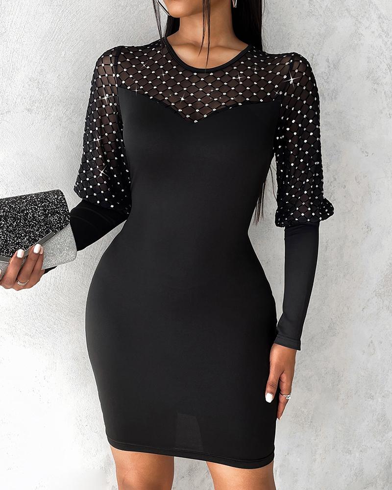 Fishnet Patch Rhinestone Decor Bodycon Dress