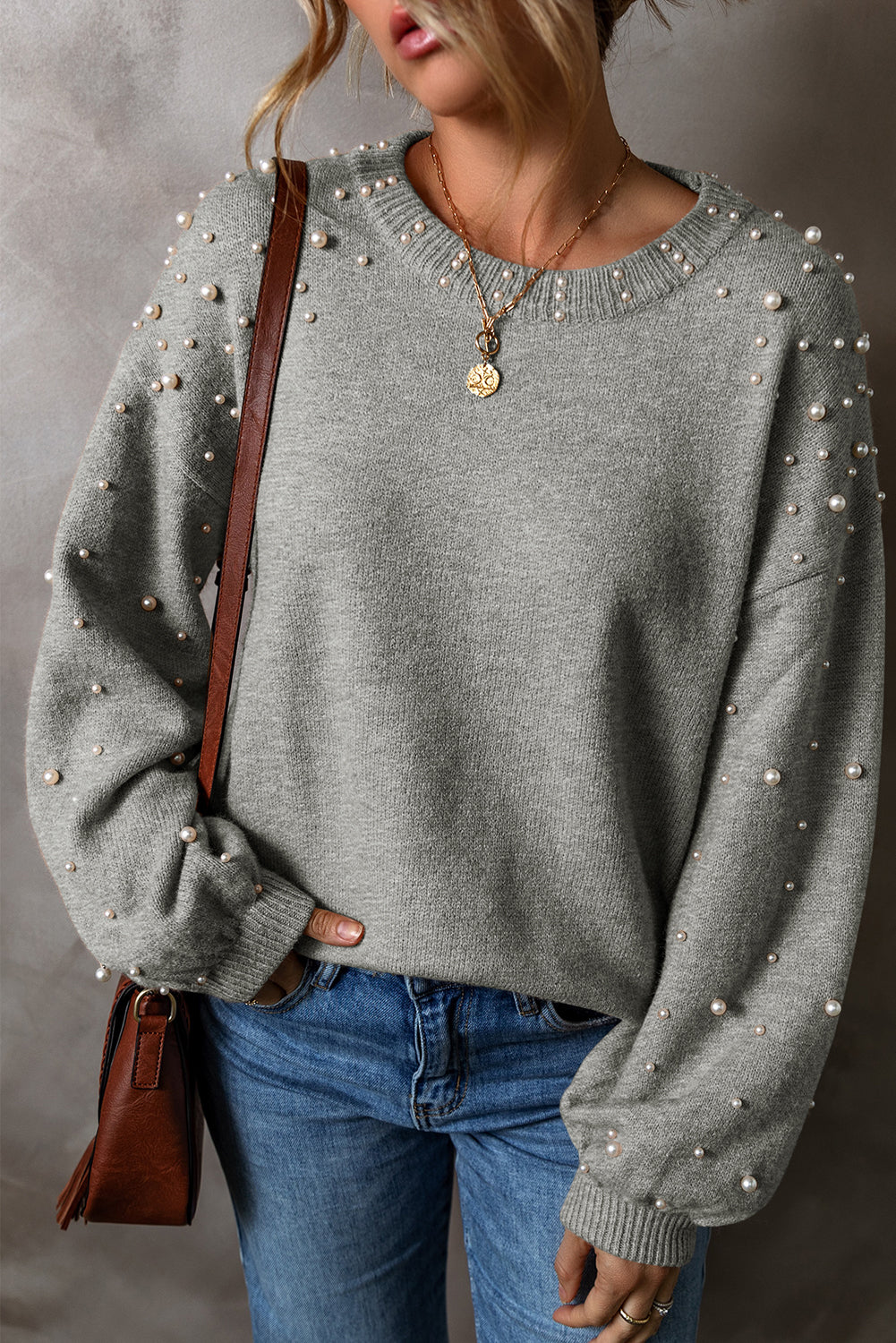 Black Pearled Drop Shoulder Round Neck Sweater