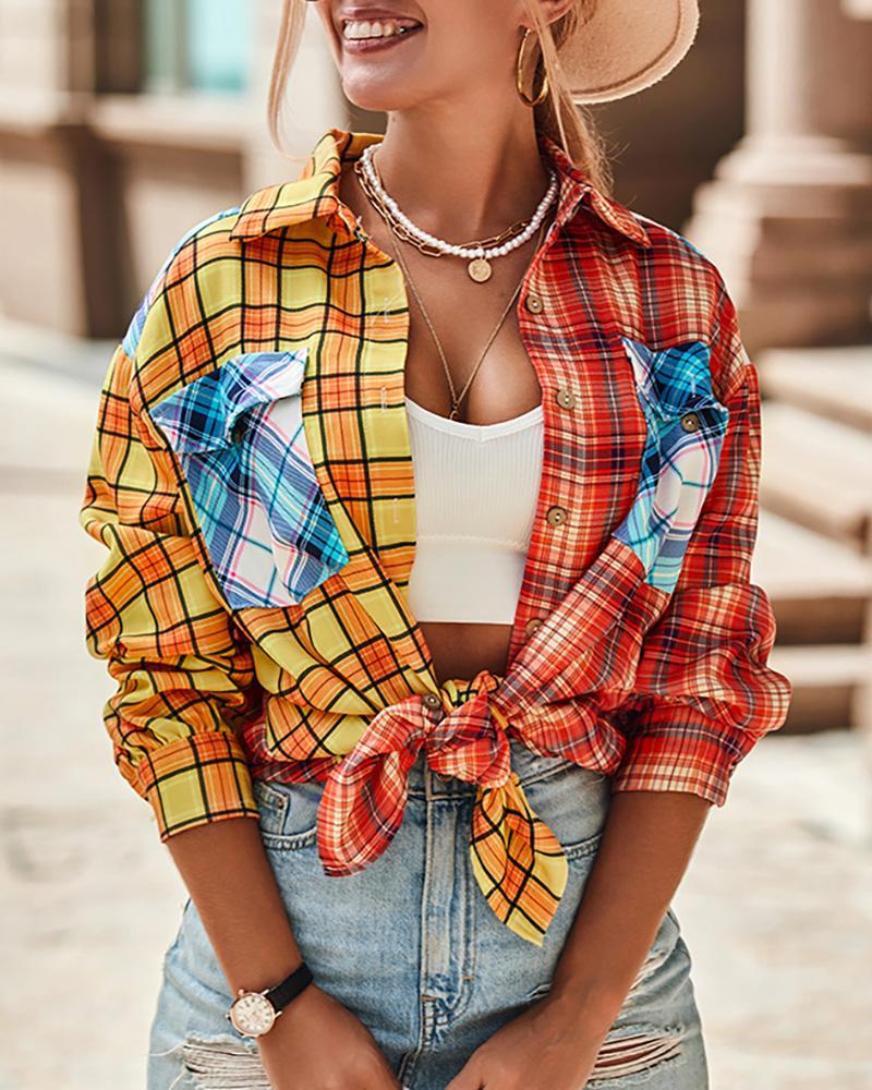 Colorblock Plaid Print Button Down Shirt