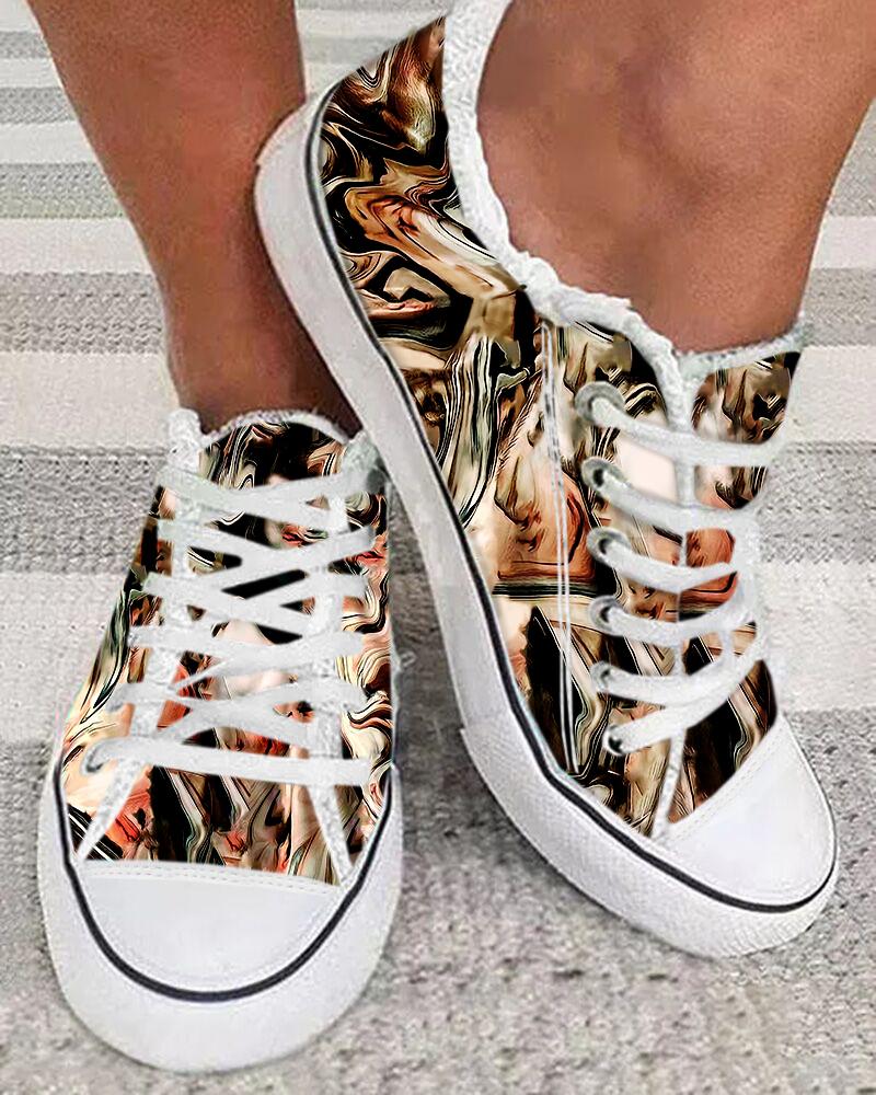 Marble Print Raw Hem Lace up Sneakers