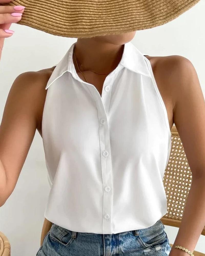 Turndown Collar Sleeveless Buttoned Top