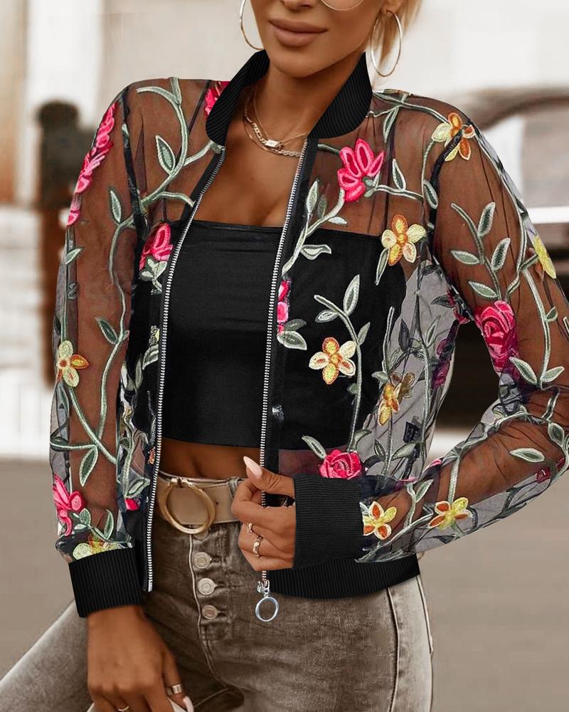 Floral Embroidery Baseball Collar Long Sleeve Coat Sheer Mesh Patch Zip Up Jacket