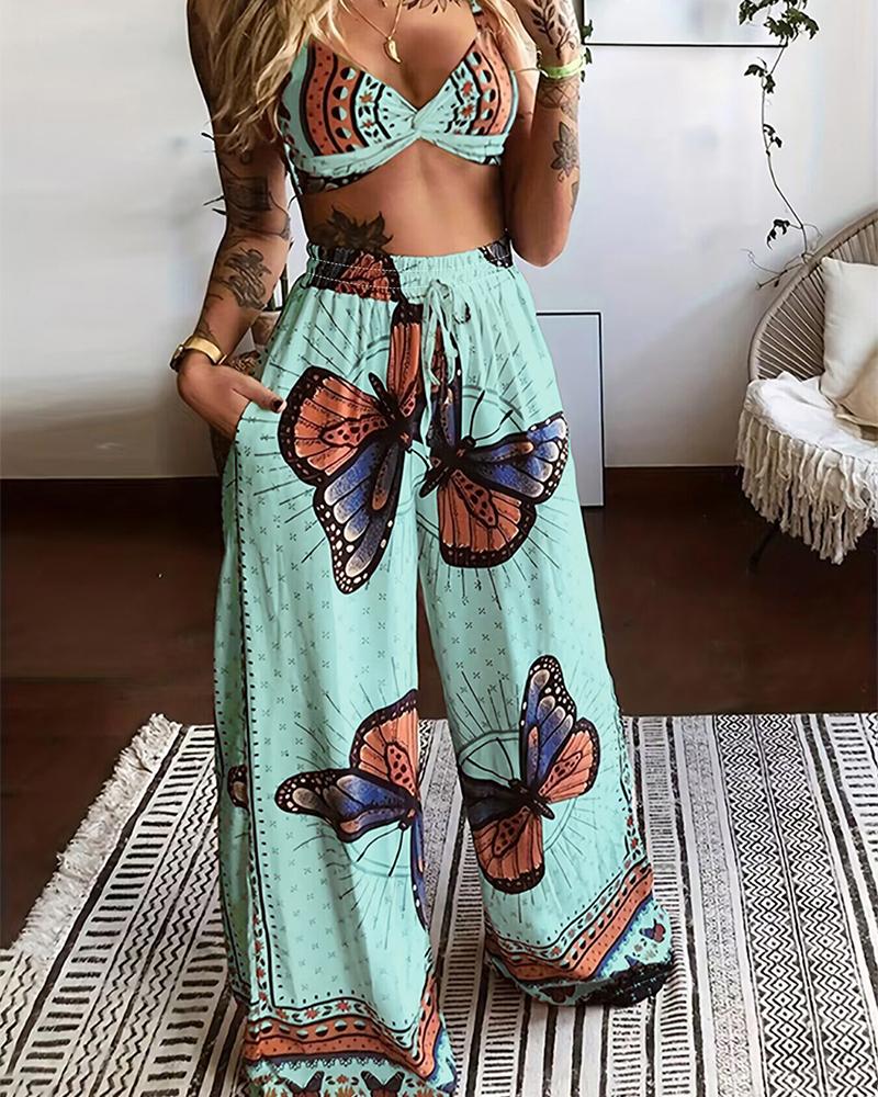 Butterfly Geometric Print Twisted Crop Top & Pocket Design Pants Set