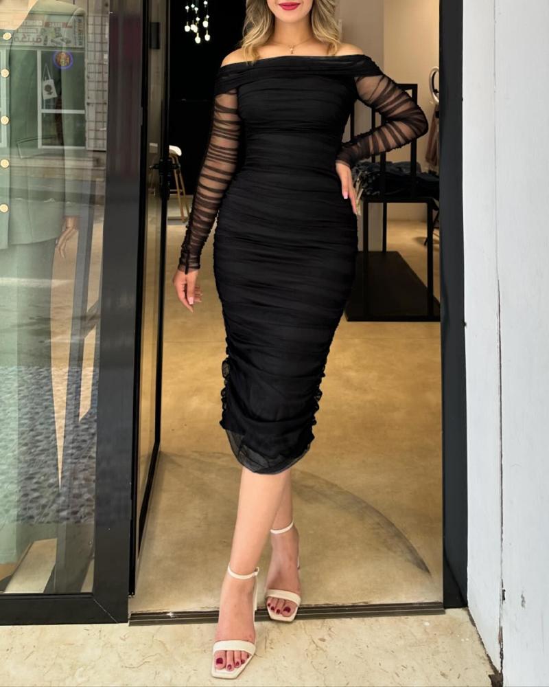 Off Shoulder Sheer Mesh Bodycon Dress Long Sleeve Ruched Midi Party Dress